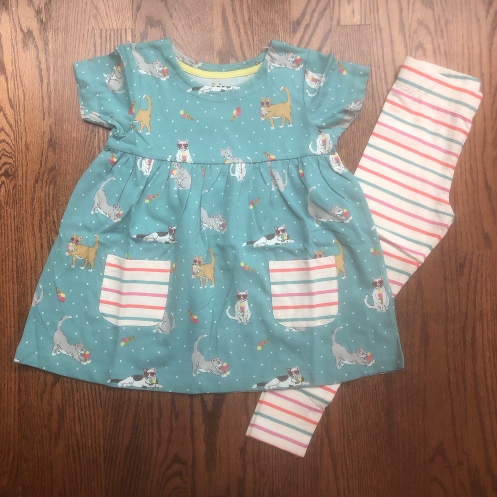 NEW Mini Boden Tunic Set with Corsica Blue Holiday Cats 6-7 Years